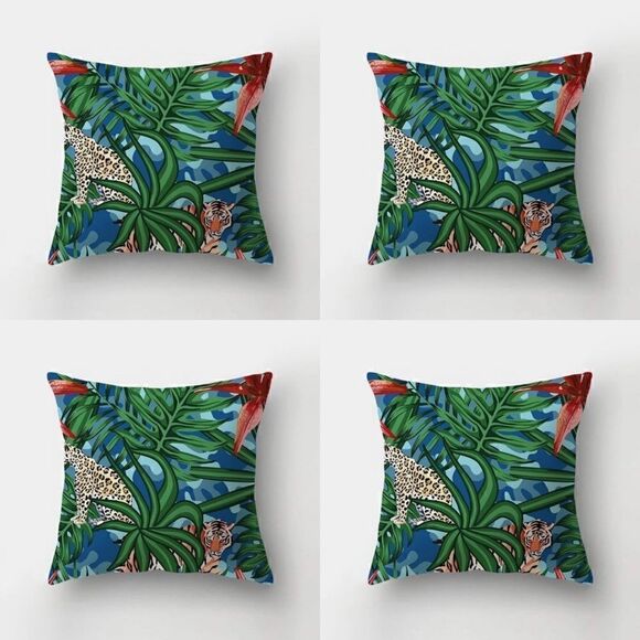 Set of 4 Cheetah & Tiger Rainforest Jungle Indoor/Outdoor Pillow Covers 18x18 - Picture 1 of 4